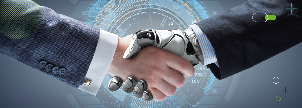 Una mano humana con traje saluda a una mano de un robot con traje.