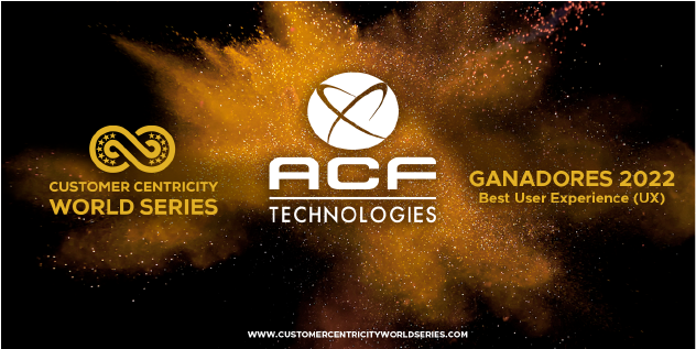 Logotipo de ACF junto con logotipo de Customer centricity world series y una explosión de polvo dorado