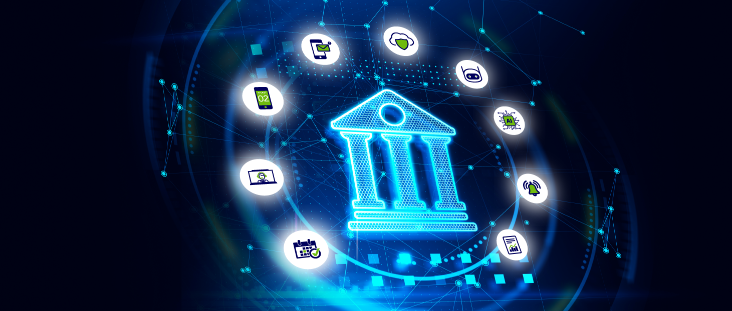 Icono holográfico que representa la banca rodeado de iconos ilustrados que representan herramientas de transformación digital