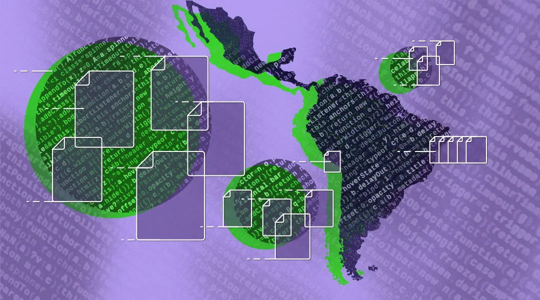 Mapa da América do Sul e da América Central ilustrado com as cores roxa e verde, além de ícones de arquivo no mapa.